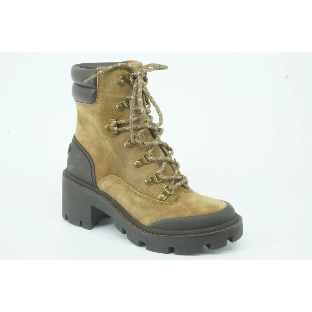 Tory Burch Suede Hiker High Heel Ankle Boots Size 7 Lug Logo $440 Lace Up